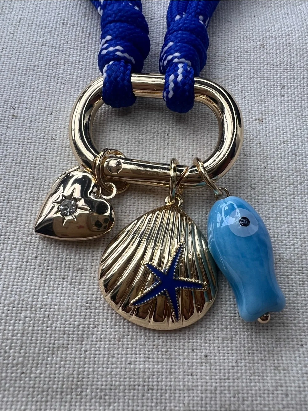 Blue Cord Nautical Charm Necklace with Heart, Gold Shell & Fish